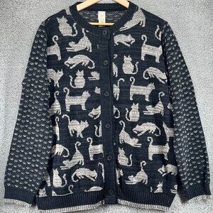 Cat Print Knit Cardigan Sweater Size XL Green 3 Made in USA Recycled Cotton